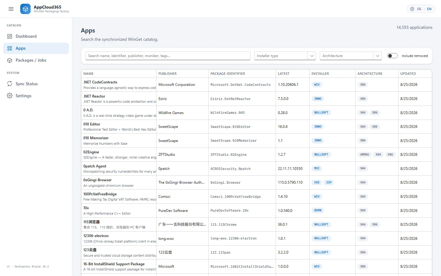 Căutare în catalog în AppCloud365 cu aplicații, editor, identificator de pachet, ultima versiune, tip de installer și arhitectură