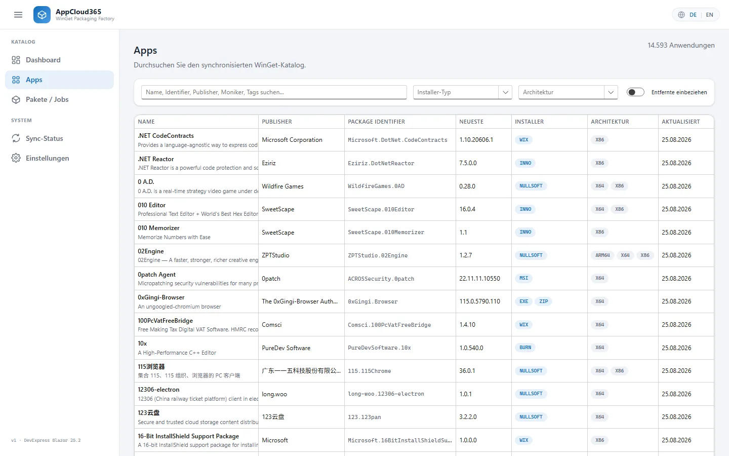 Katalogsuche in AppCloud365 mit Anwendungen, Publisher, Package Identifier, neuester Version, Installer-Typ und Architektur