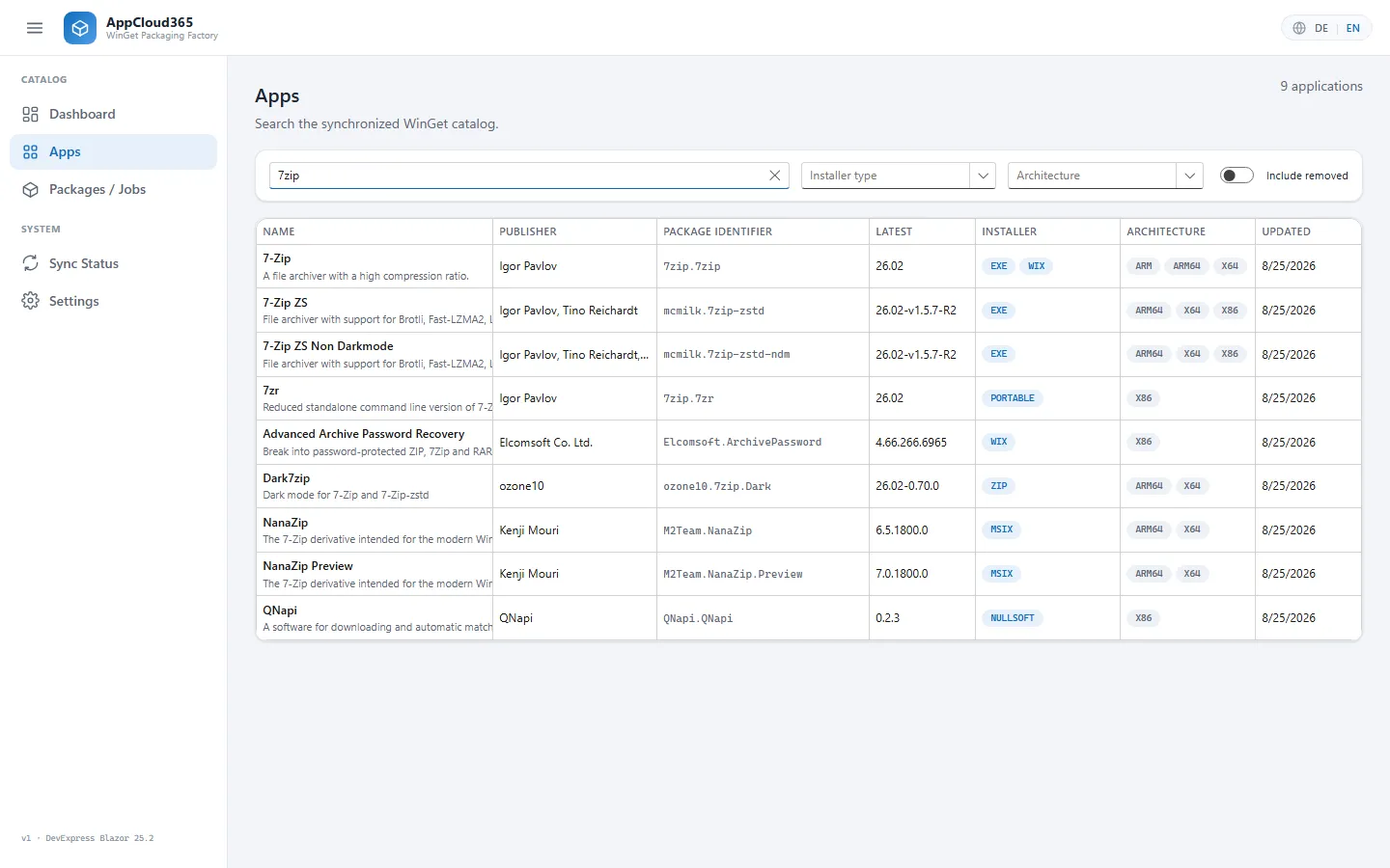 Catalogue search in AppCloud365 for the term 7zip, showing results with installer type and architecture