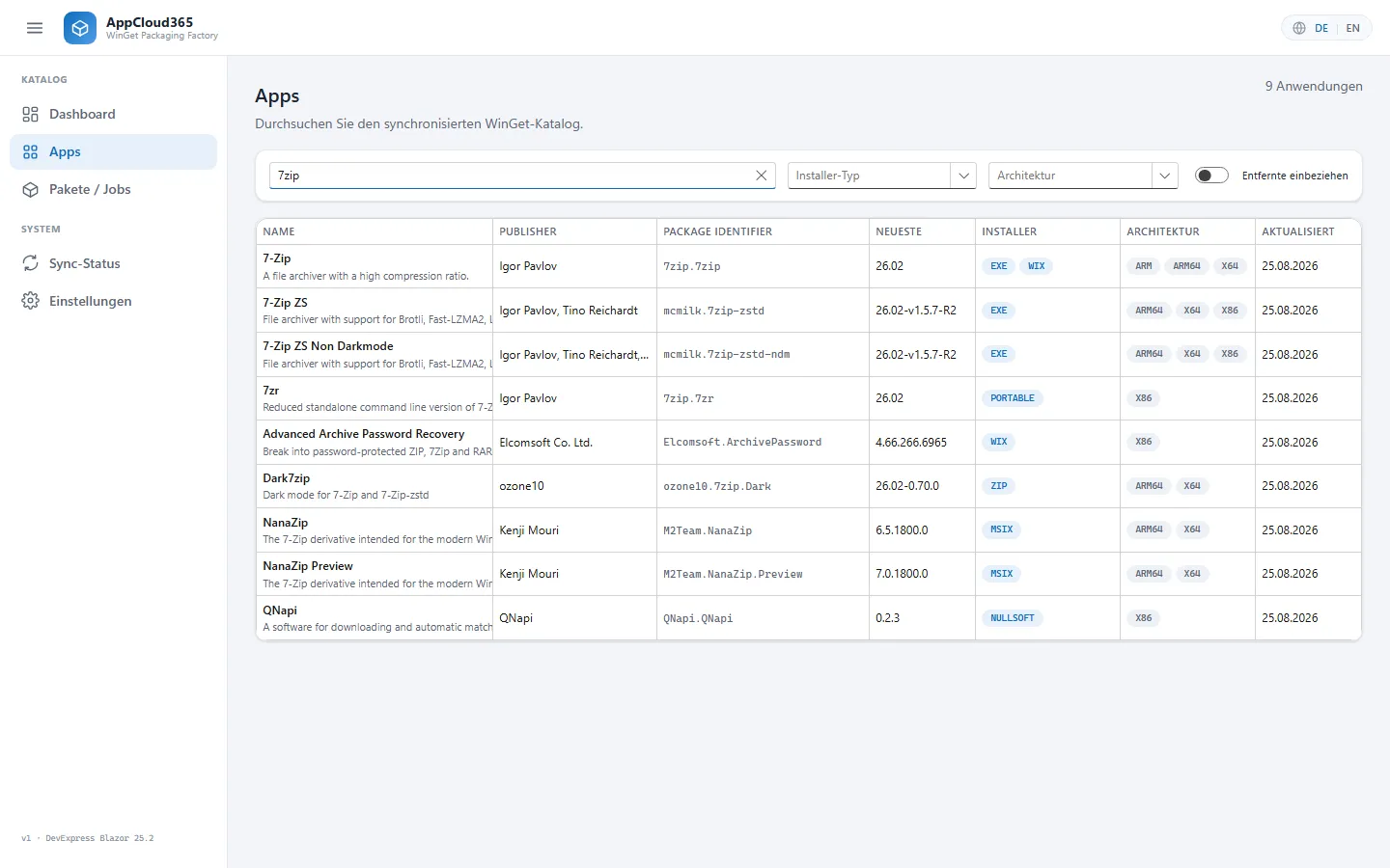 Katalogsuche in AppCloud365 mit Suchbegriff 7zip, Treffern samt Installer-Typ und Architektur