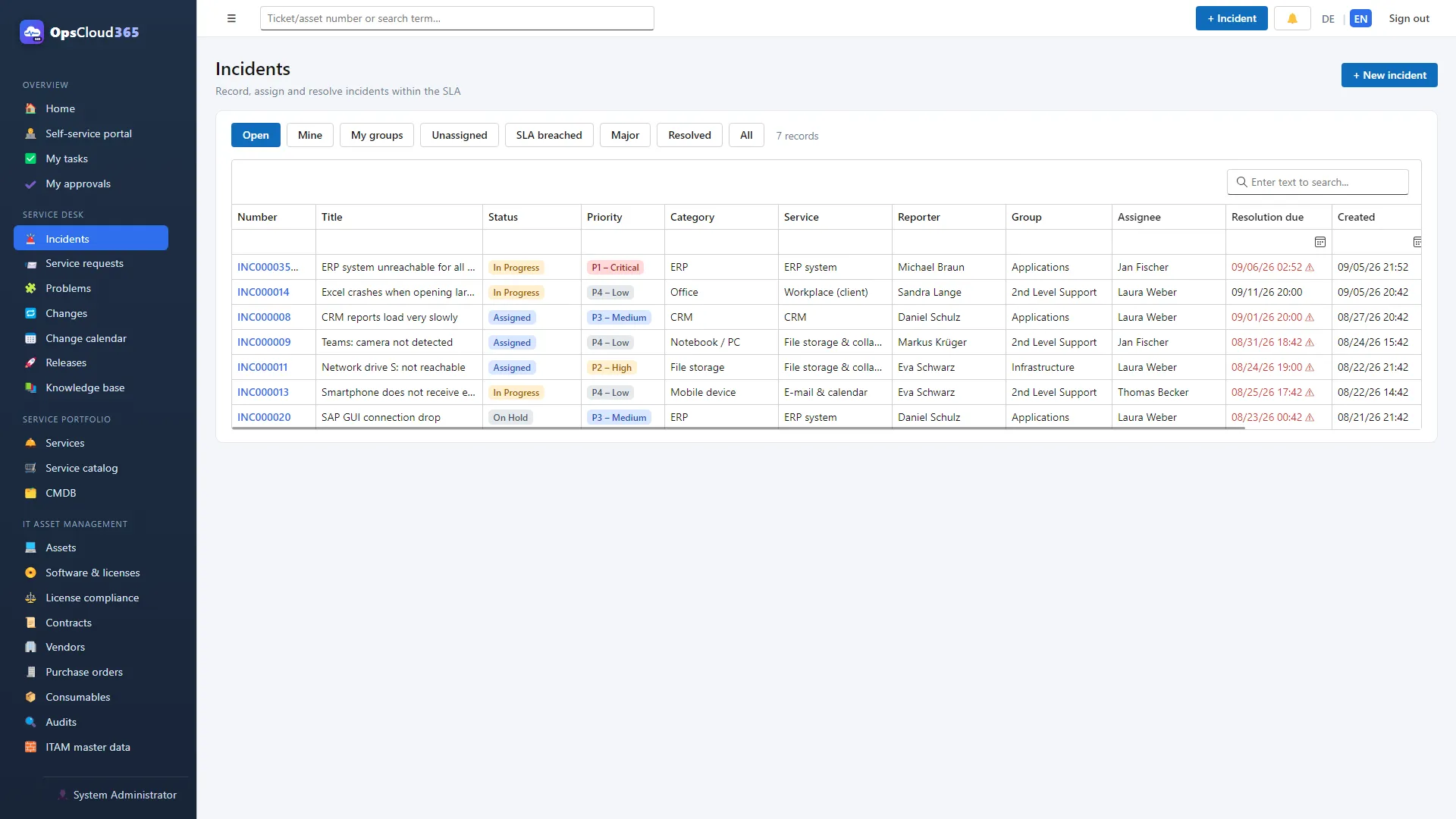 OpsCloud365 (EN): Lista incidentelor cu filtre rapide