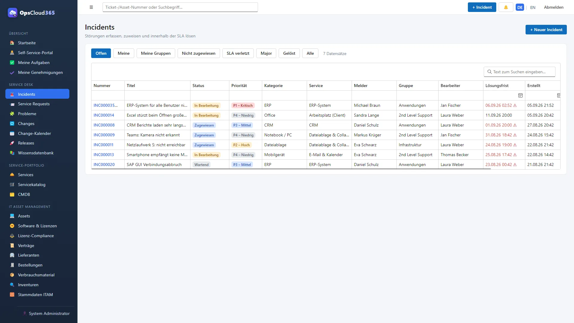 OpsCloud365: Incident-Liste mit Schnellfiltern
