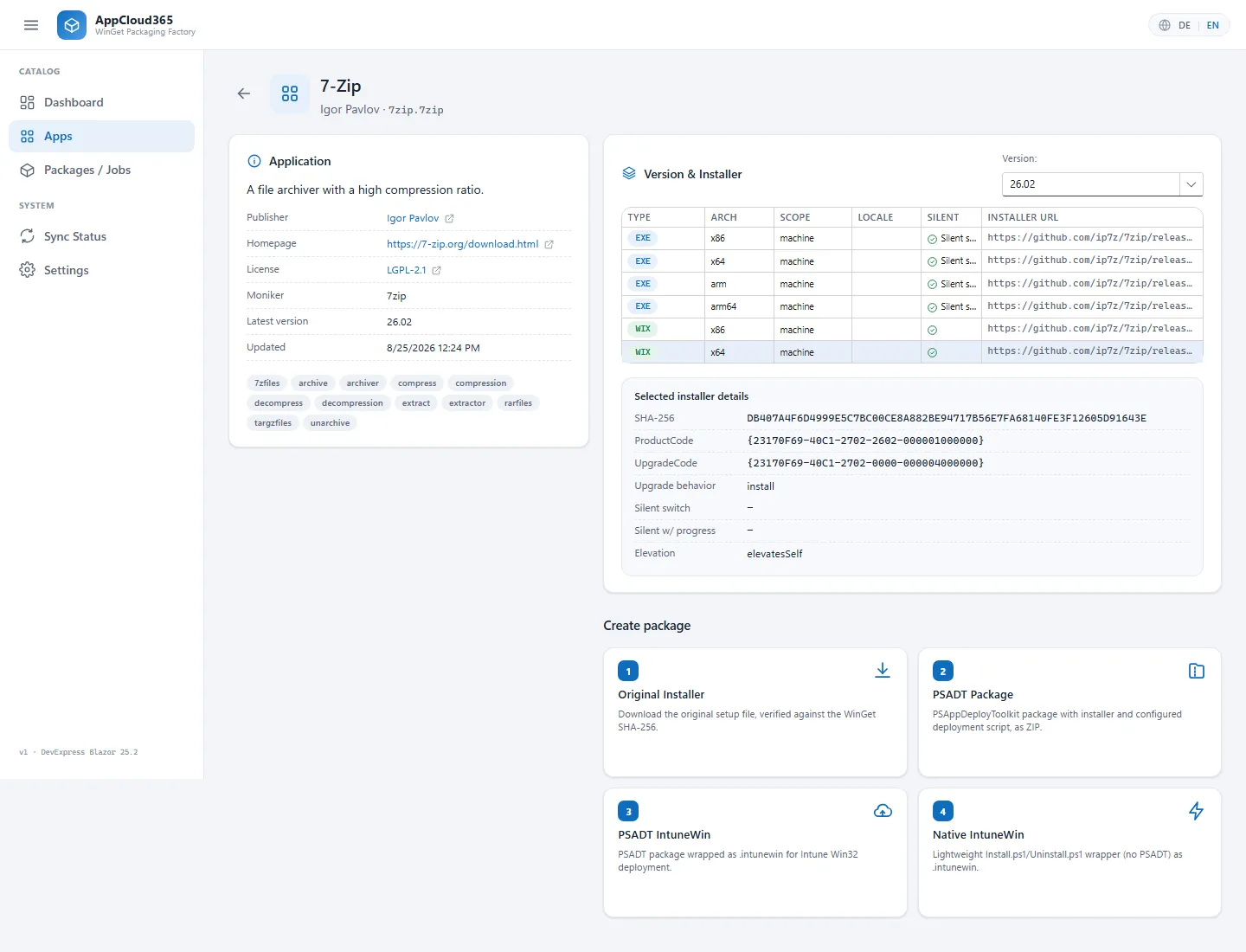 AppCloud365: detaliile aplicației cu selecția installer-ului și opțiunile de împachetare (versiunea în engleză)