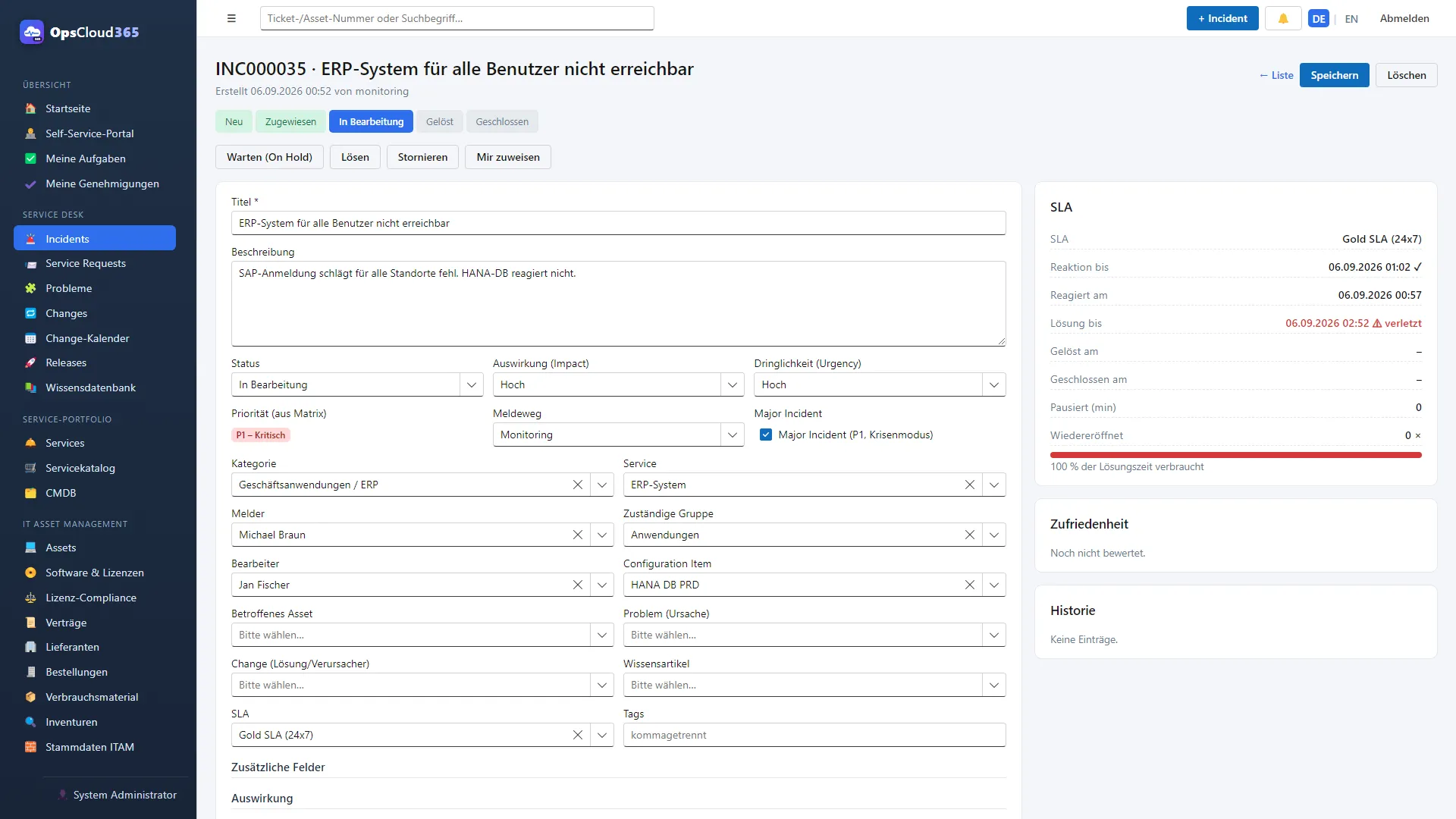 Incident-Detailseite in OpsCloud365 mit SLA-Panel und Workflow