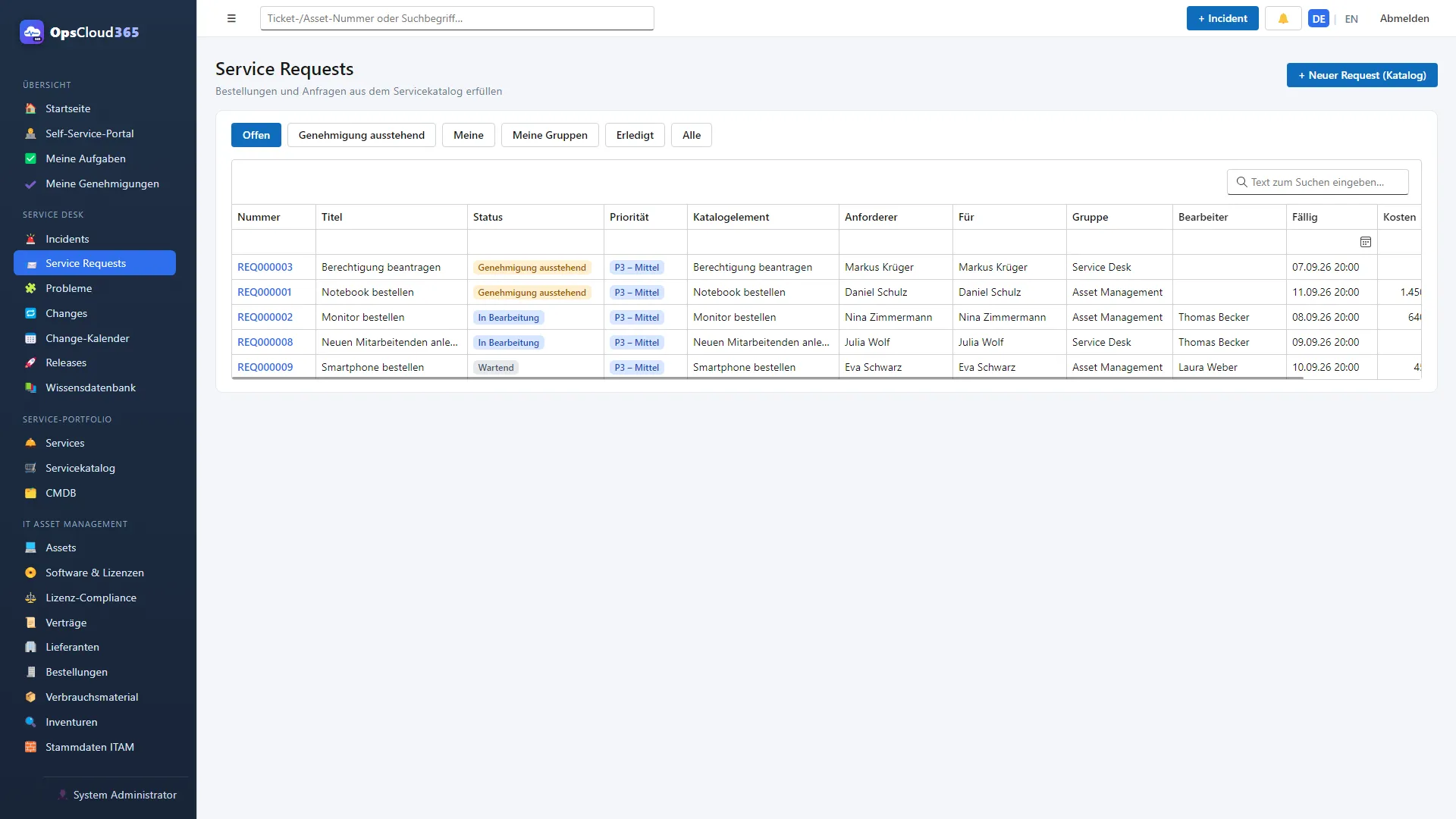 OpsCloud365: Service Requests aus dem Katalog