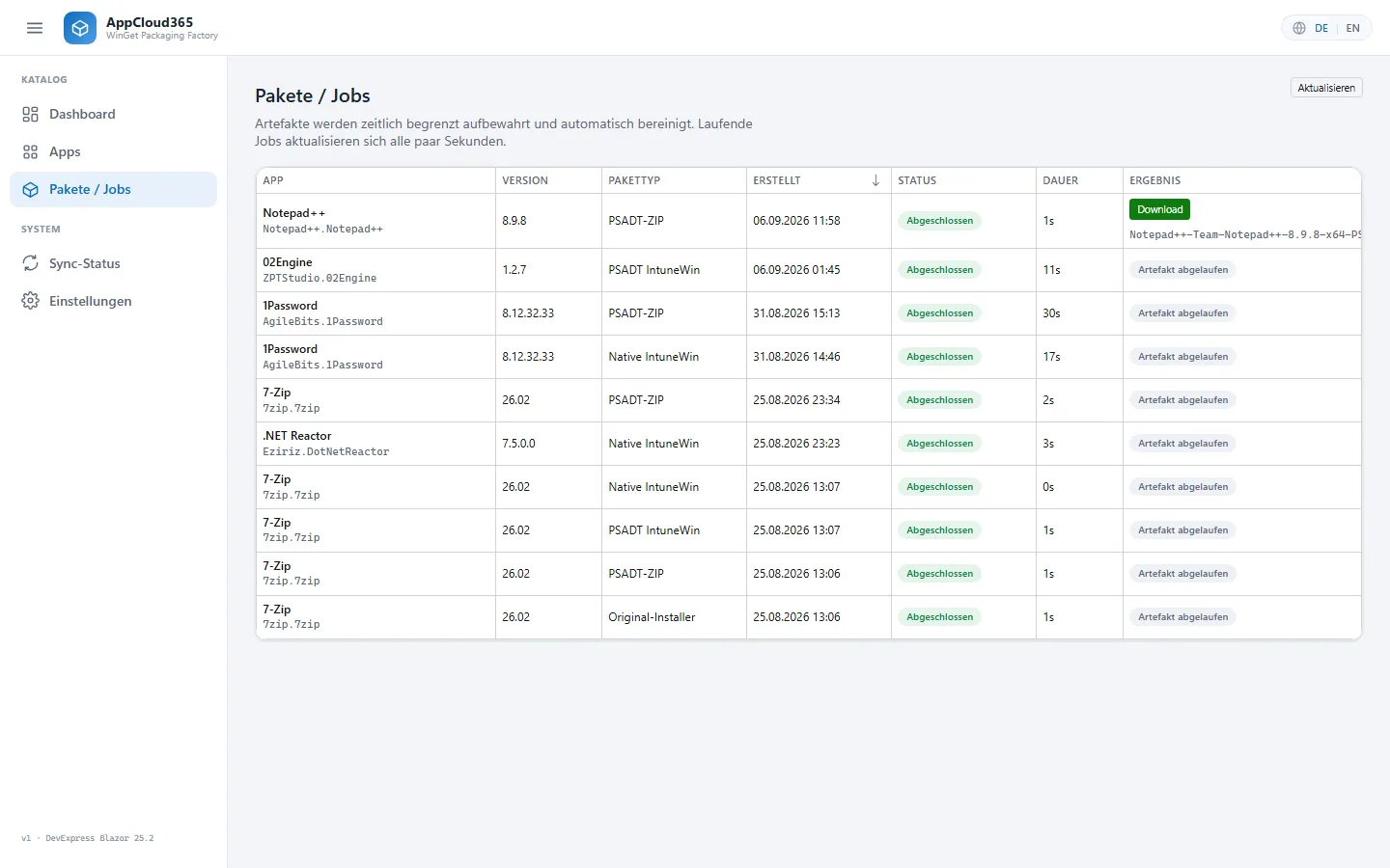 Job-Übersicht in AppCloud365 mit abgeschlossenen Paketierungsjobs, Pakettyp, Dauer und Download