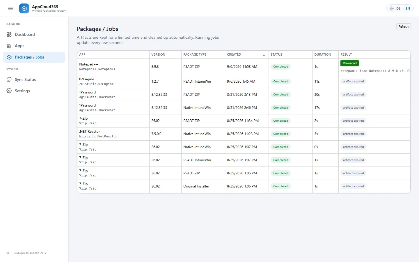Job list in AppCloud365 with completed packaging jobs, package type, duration and download