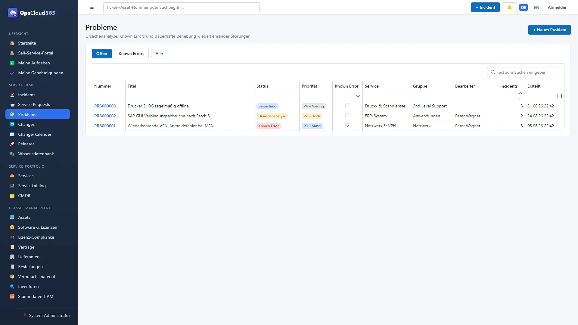 OpsCloud365: Problem-Liste mit Known Errors