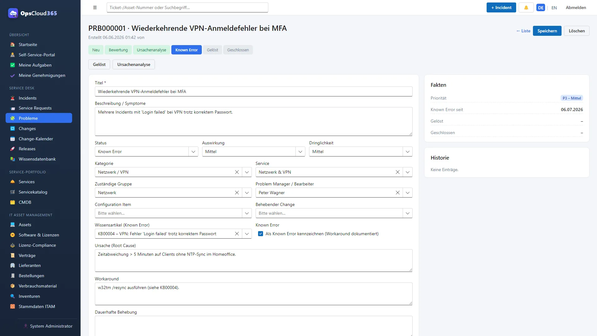 OpsCloud365: Problem-Detail mit Ursachenanalyse und Workaround