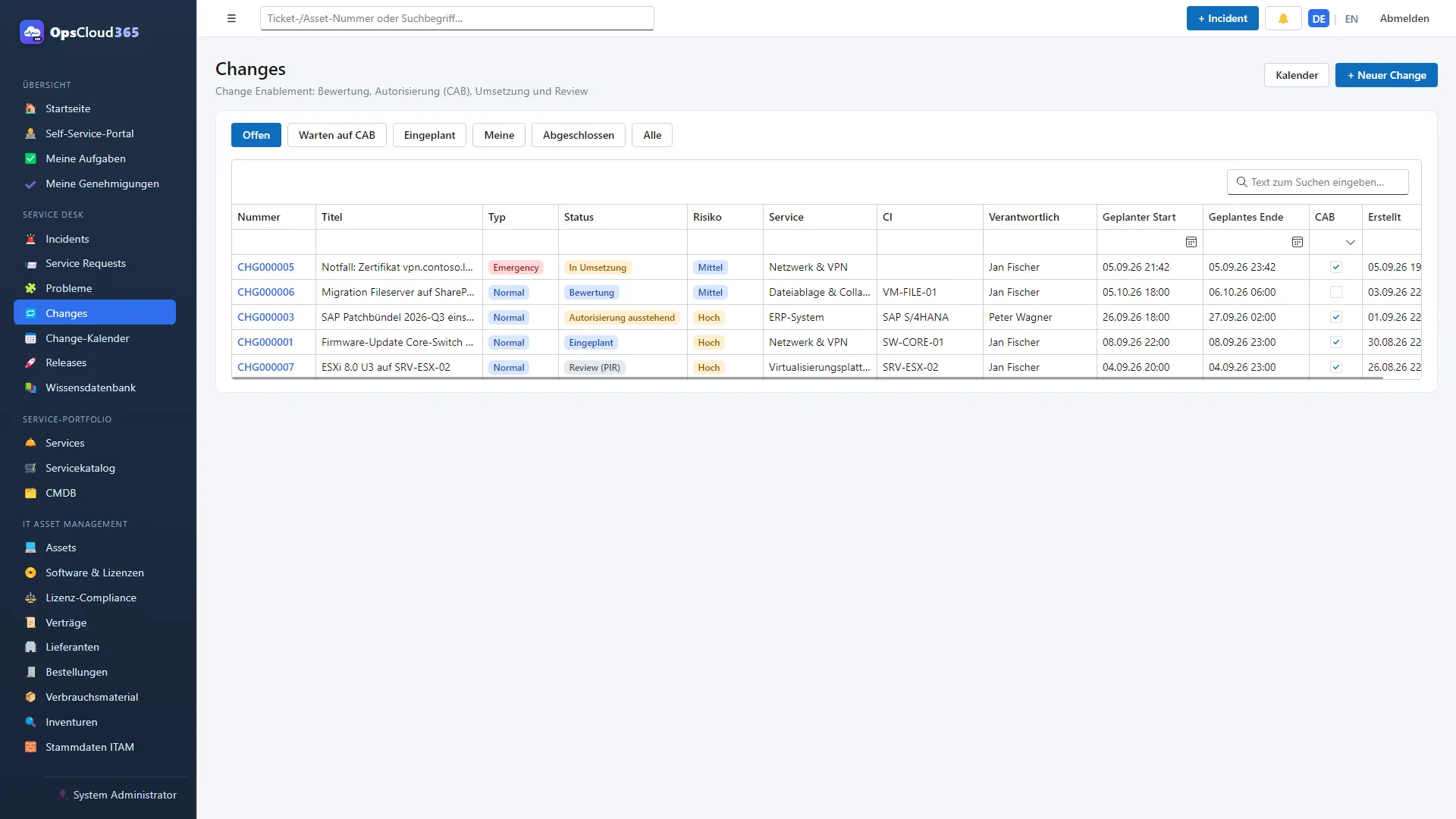 OpsCloud365: Change-Liste mit Typ, Risiko und Status