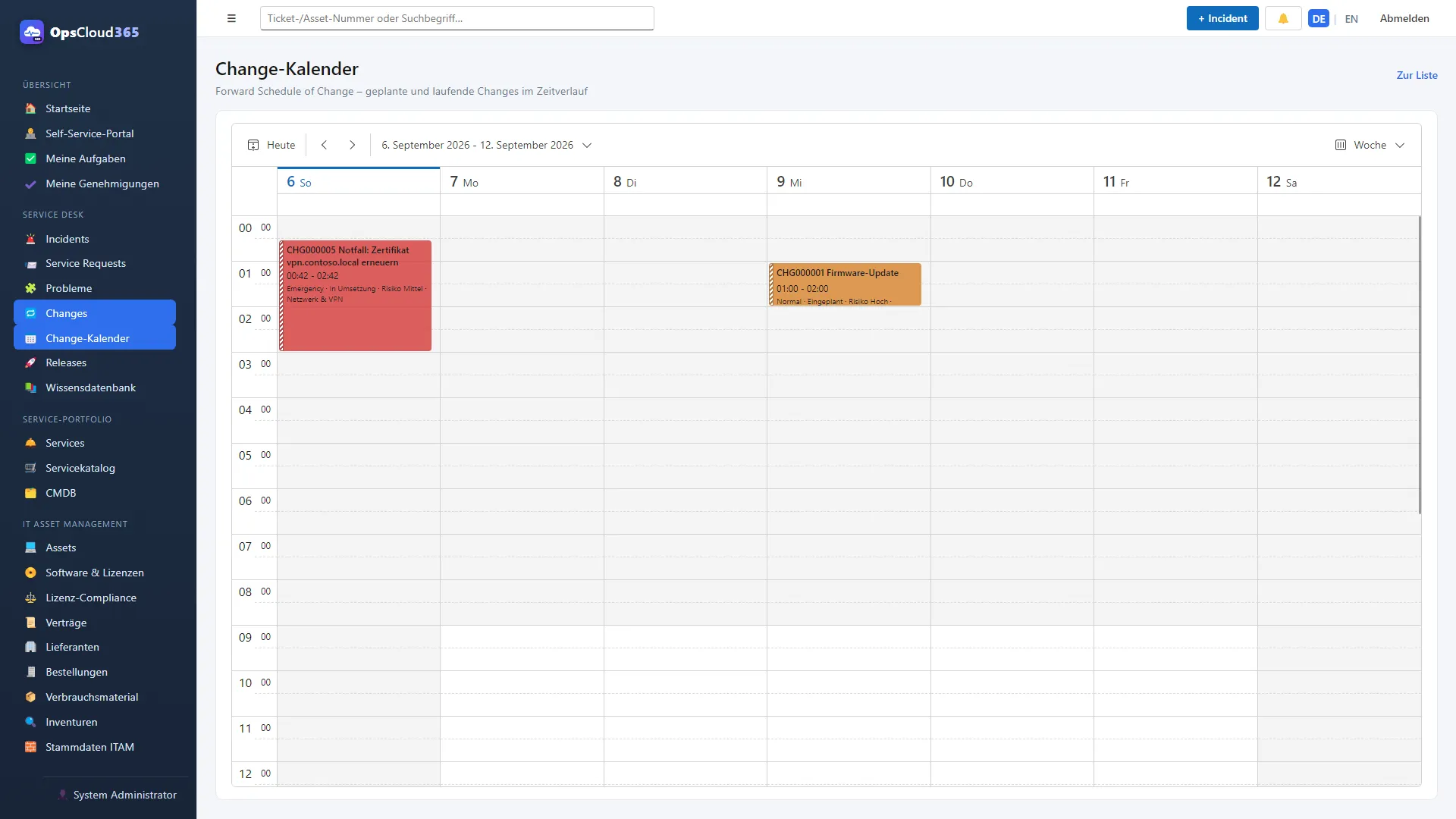 Change-Kalender in OpsCloud365 in der Wochenansicht mit einem Notfall-Change und einem geplanten Firmware-Update