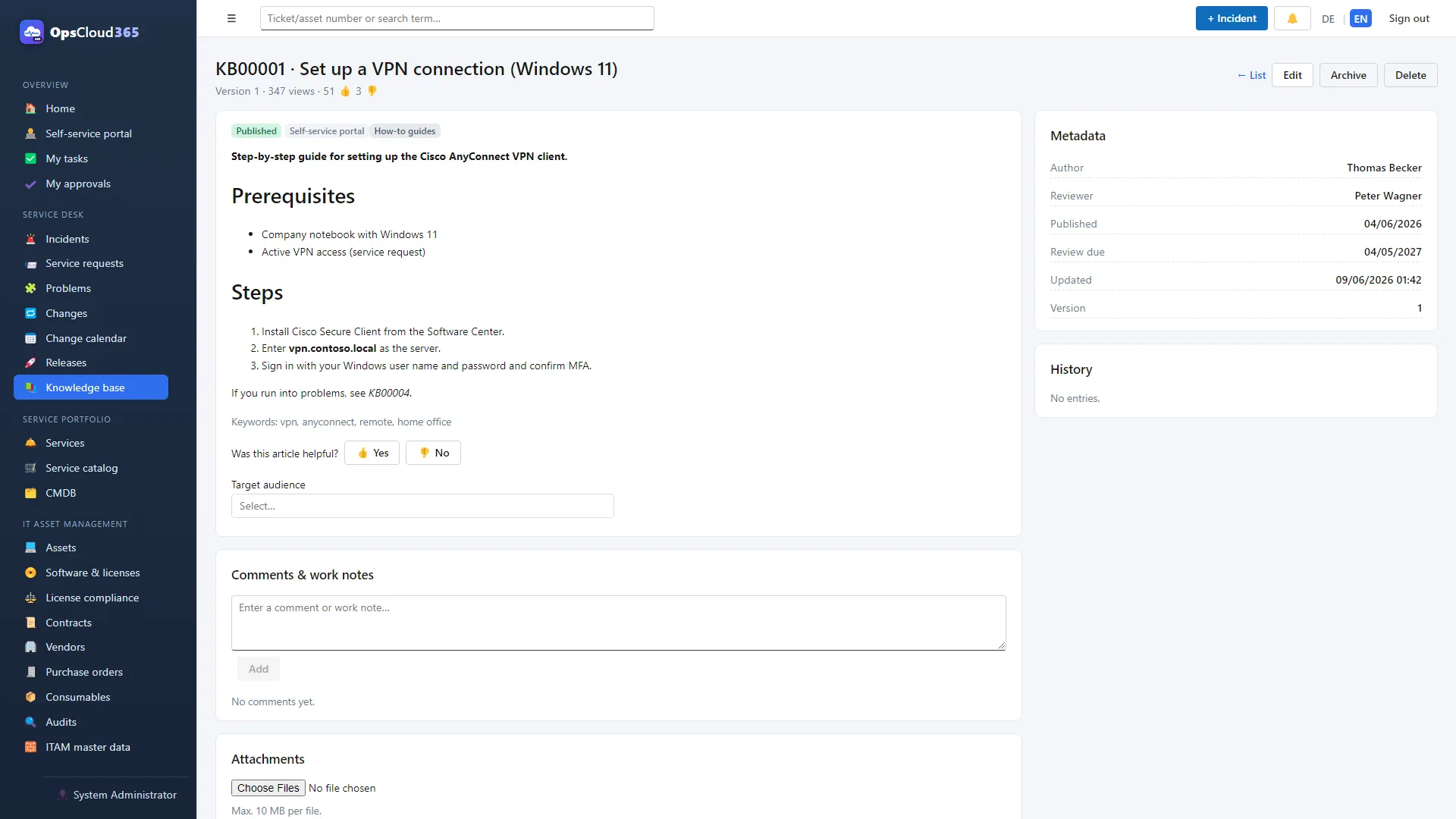 OpsCloud365 (EN): Articol din baza de cunoștințe cu vizibilitate și versiune
