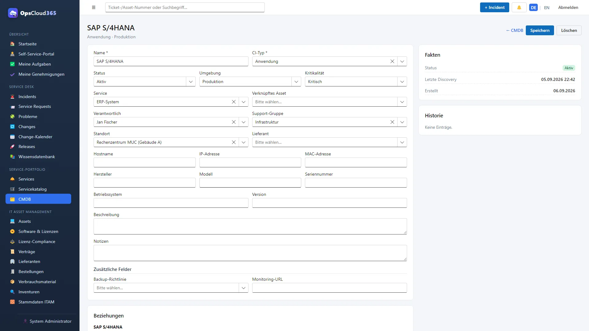 Detailseite eines Configuration Items in OpsCloud365 mit Stammdaten, Verantwortlichen, Standort und Beziehungen