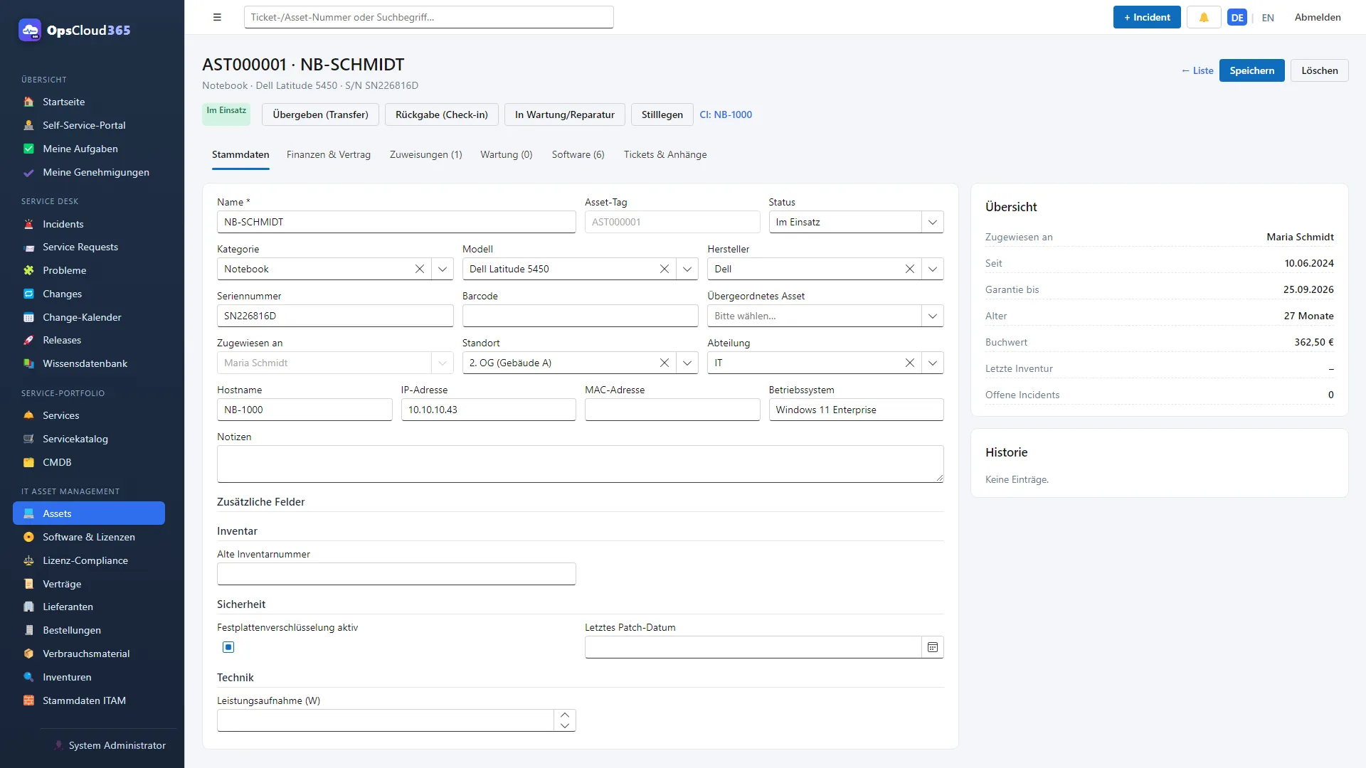 Asset-Detailseite in OpsCloud365 für ein Notebook mit Stammdaten, Zuweisung, Garantie, Buchwert und Zusatzfeldern