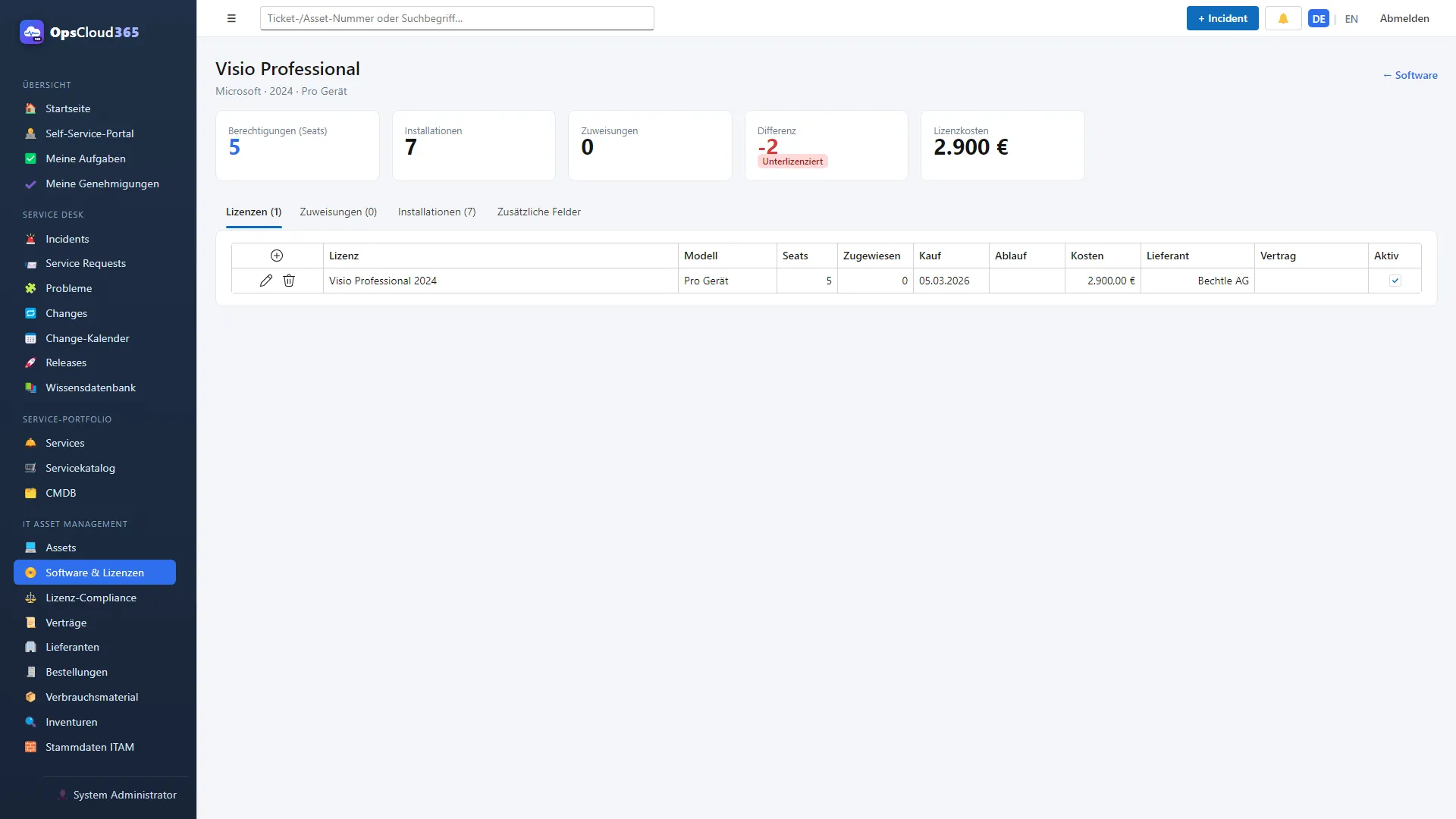 OpsCloud365: Softwareprodukt mit Lizenzen und Installationen