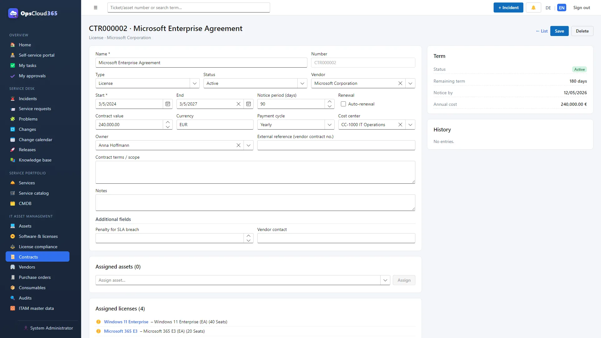 OpsCloud365 (EN): Detaliu contract cu active atribuite