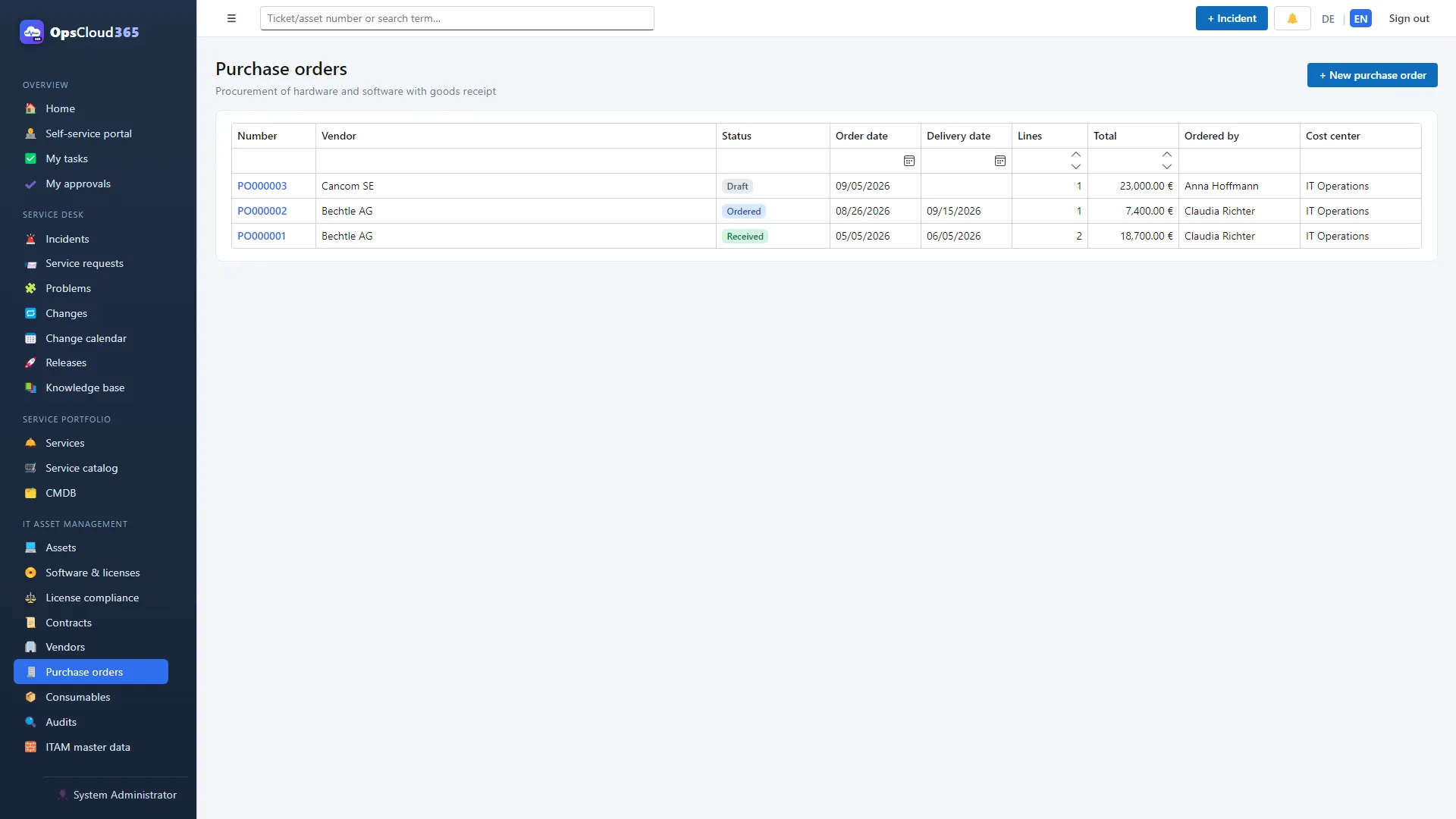 OpsCloud365 (EN): Comenzi de achiziție