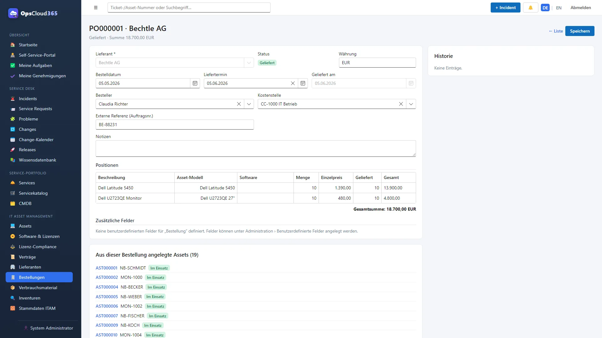 OpsCloud365: Bestellung mit Wareneingang