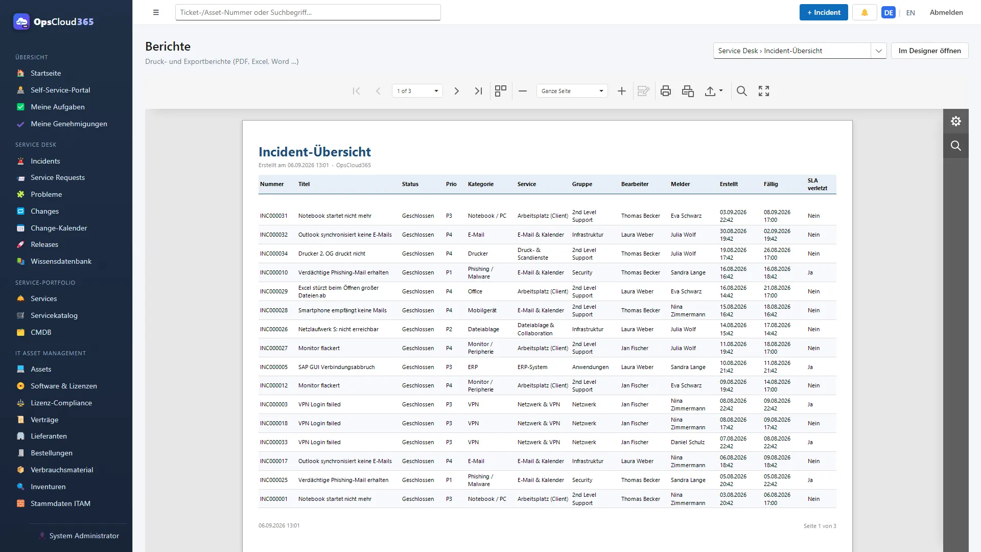 OpsCloud365: Berichte mit Export nach PDF, Excel und Word