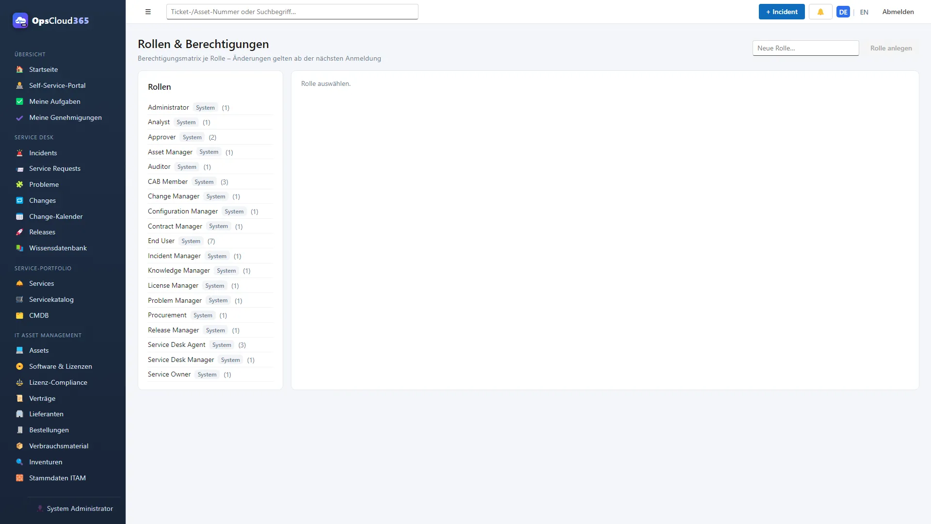 OpsCloud365: Rechtematrix je Rolle