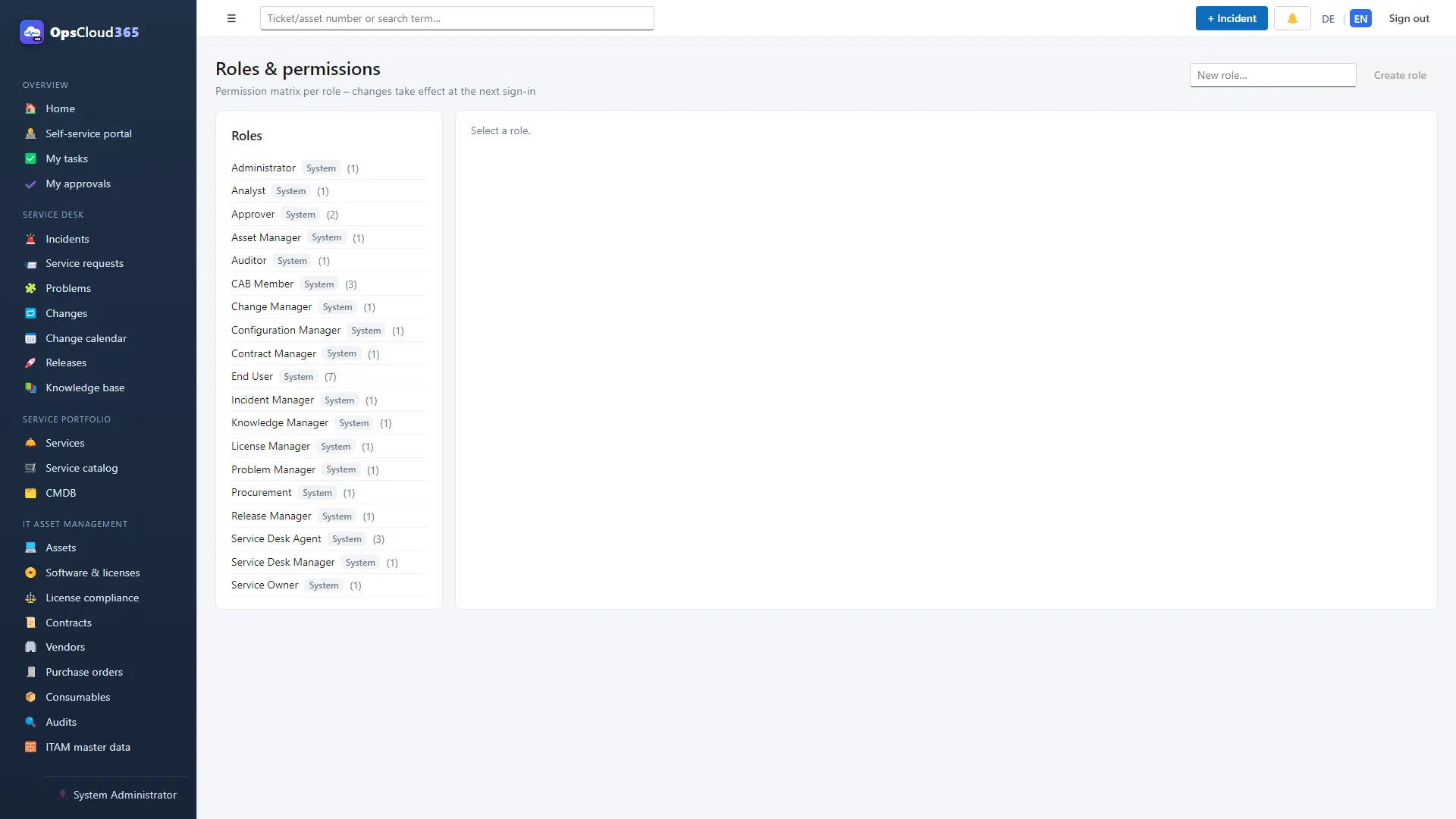 OpsCloud365 (EN): Matrice de permisiuni per rol