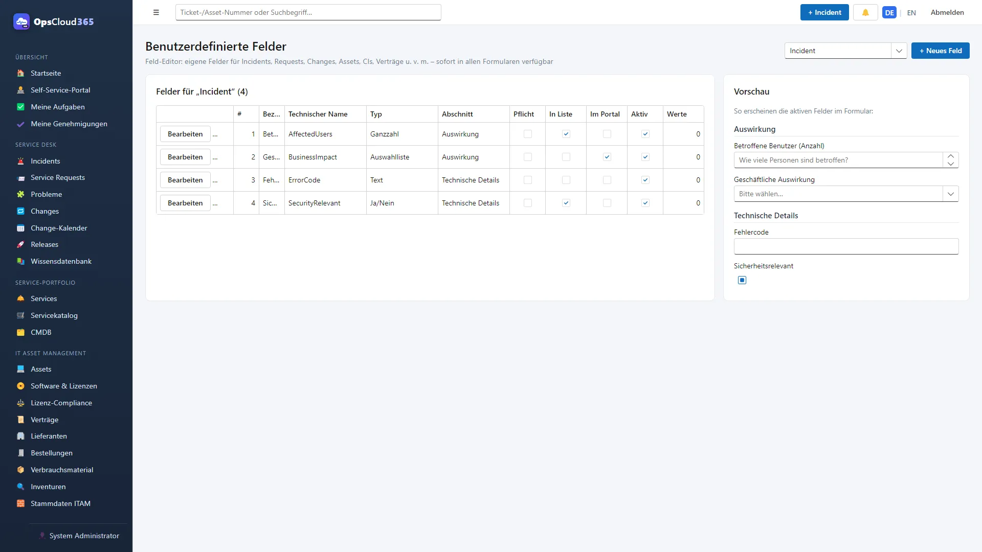 Feld-Editor in OpsCloud365 mit vier benutzerdefinierten Feldern für Incidents und einer Vorschau des Formulars