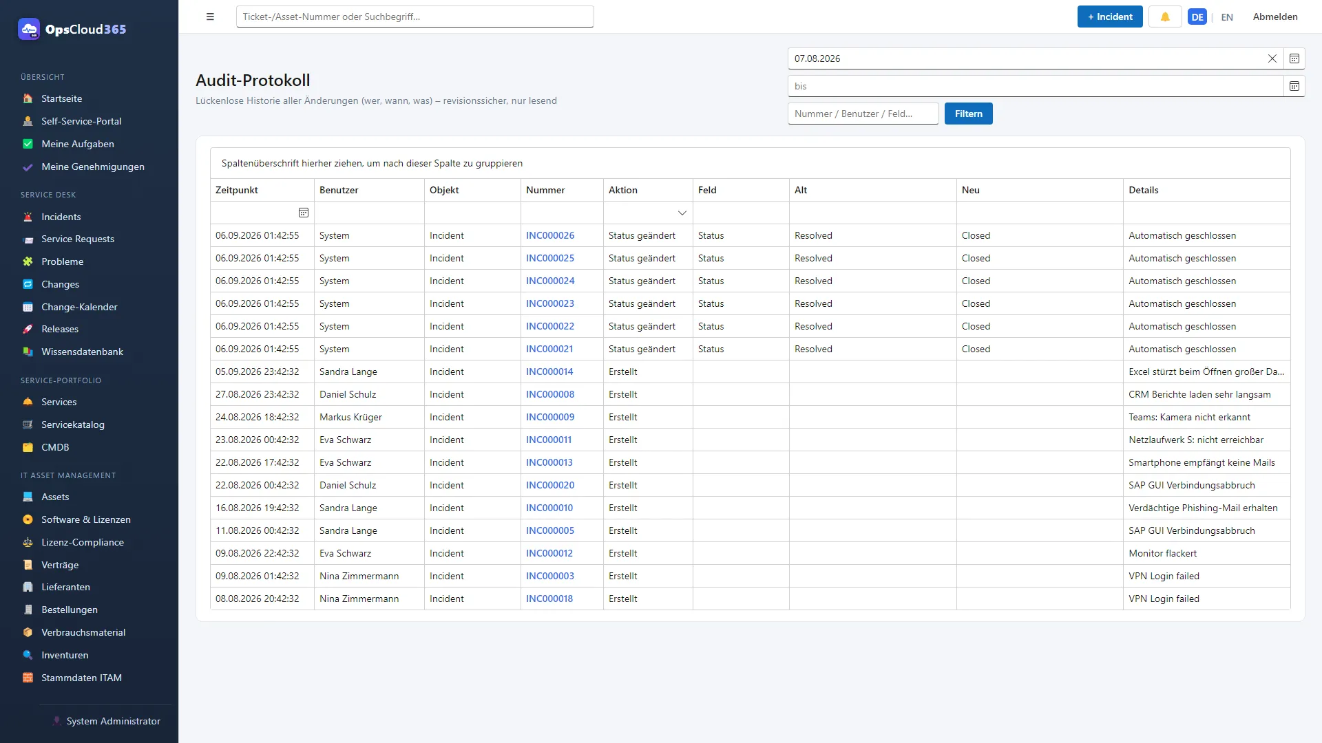 OpsCloud365: Audit-Protokoll aller Änderungen