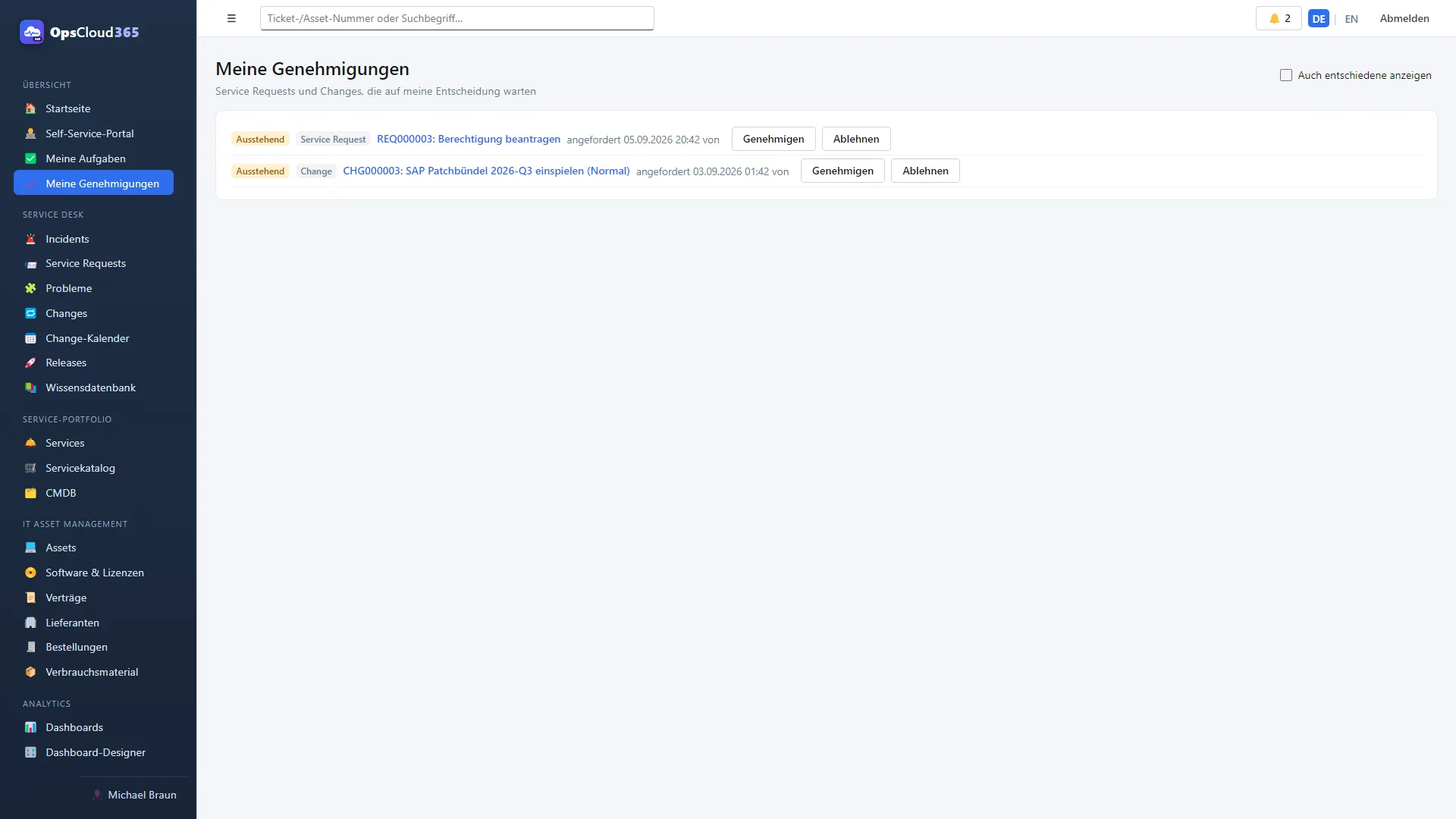 OpsCloud365: Meine Genehmigungen