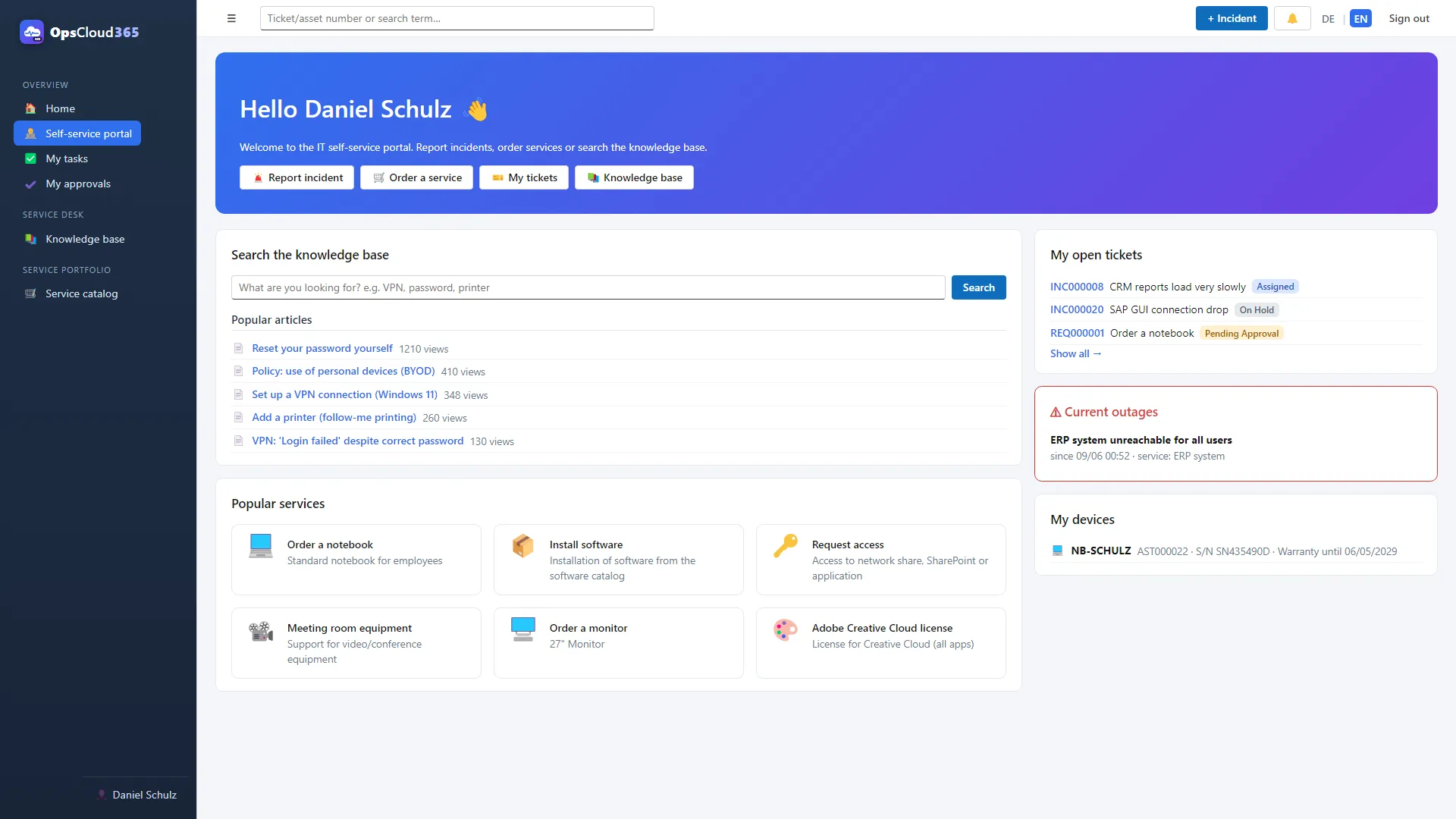 Portalul self-service în OpsCloud365 cu bază de cunoștințe, servicii populare, propriile tichete, întreruperi curente și propriile dispozitive (versiunea în engleză)