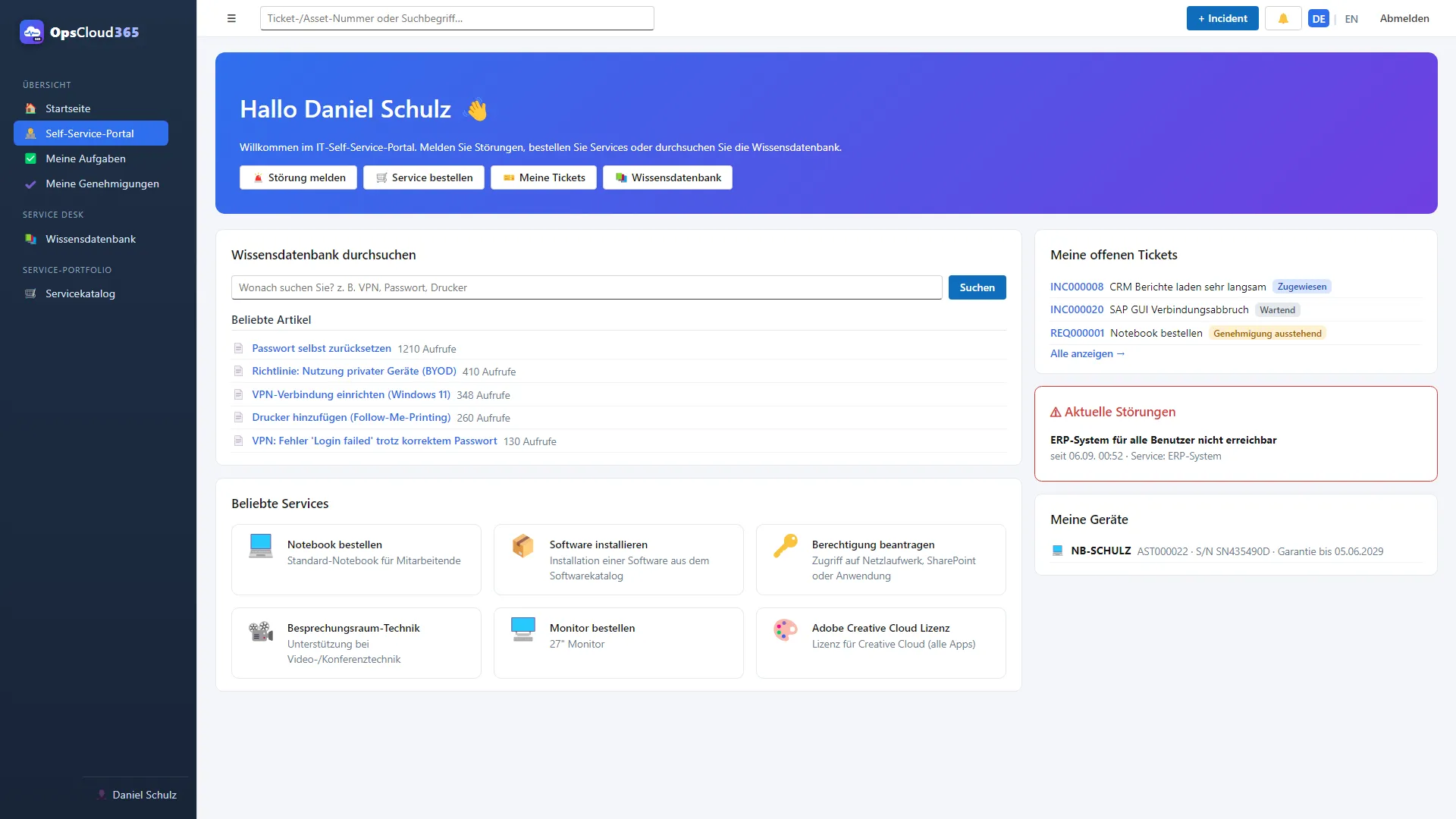 Self-Service-Portal in OpsCloud365 mit Wissensdatenbank, beliebten Services, eigenen Tickets, aktuellen Störungen und eigenen Geräten