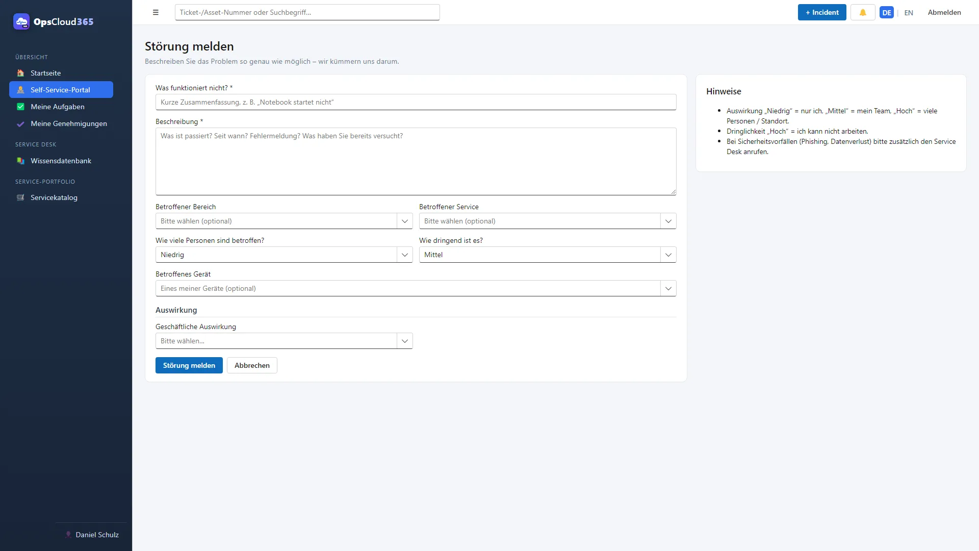 OpsCloud365: Störung melden mit Artikelvorschlägen