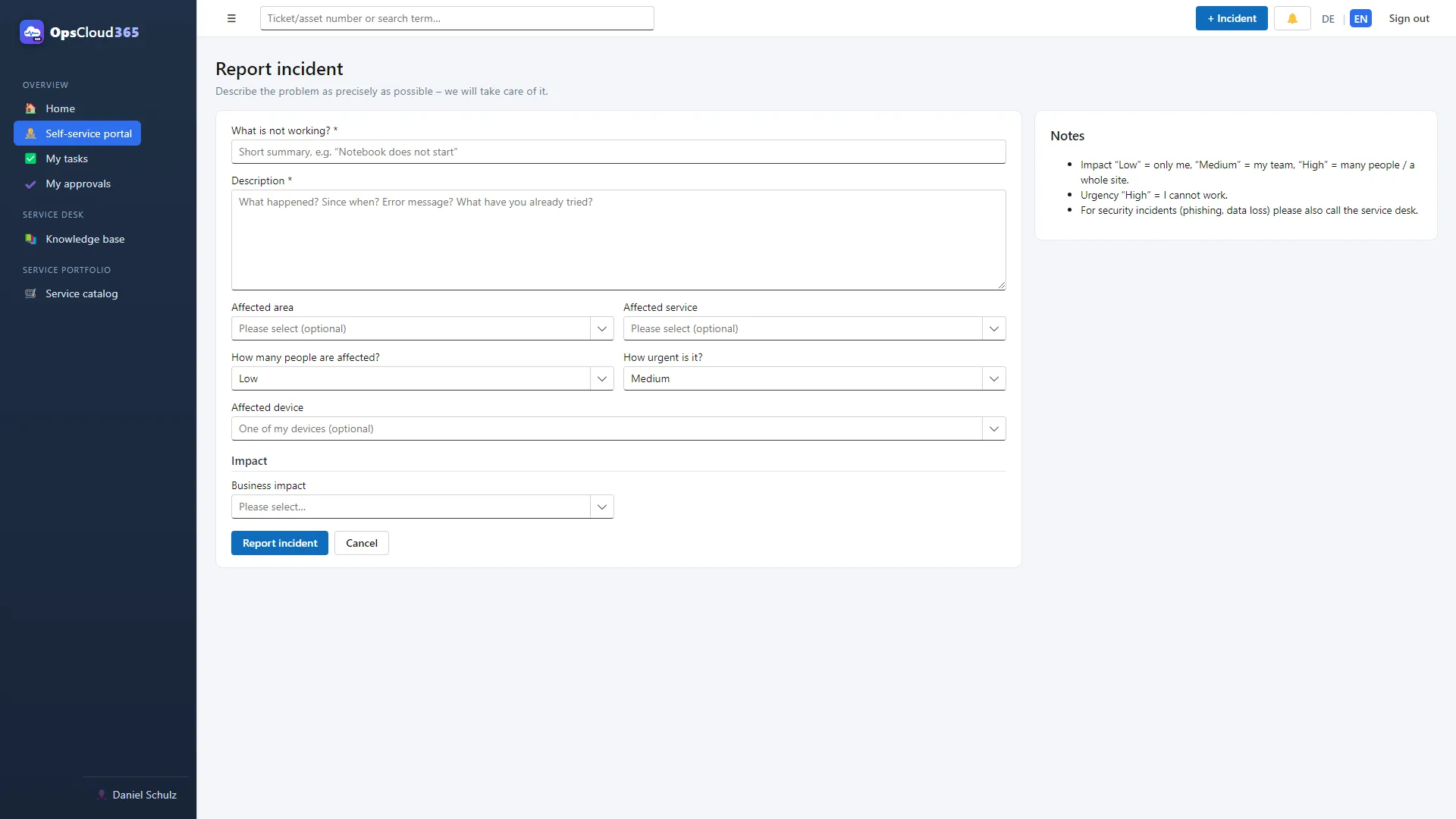 OpsCloud365 (EN): Raportarea unui incident cu sugestii de articole