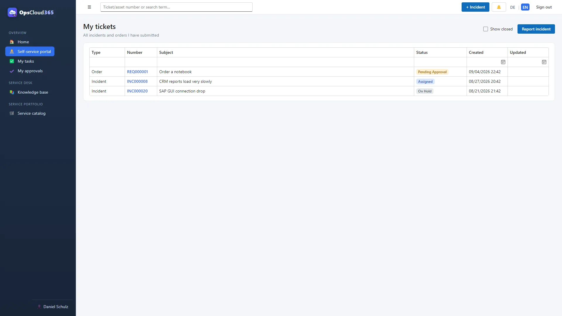 OpsCloud365 (EN): Tichetele mele în portal